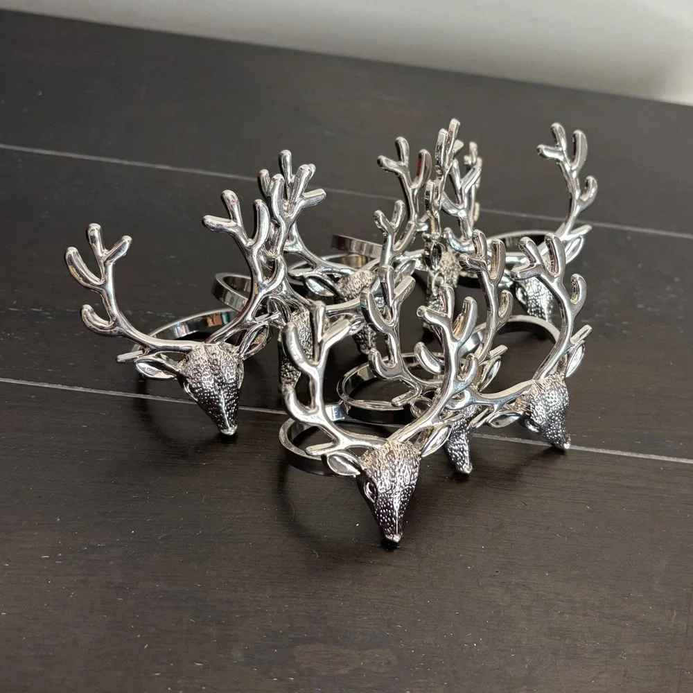 Silver Stag Head Napkin Rings | Set of 8 | Deer Antler Holiday Table Decor